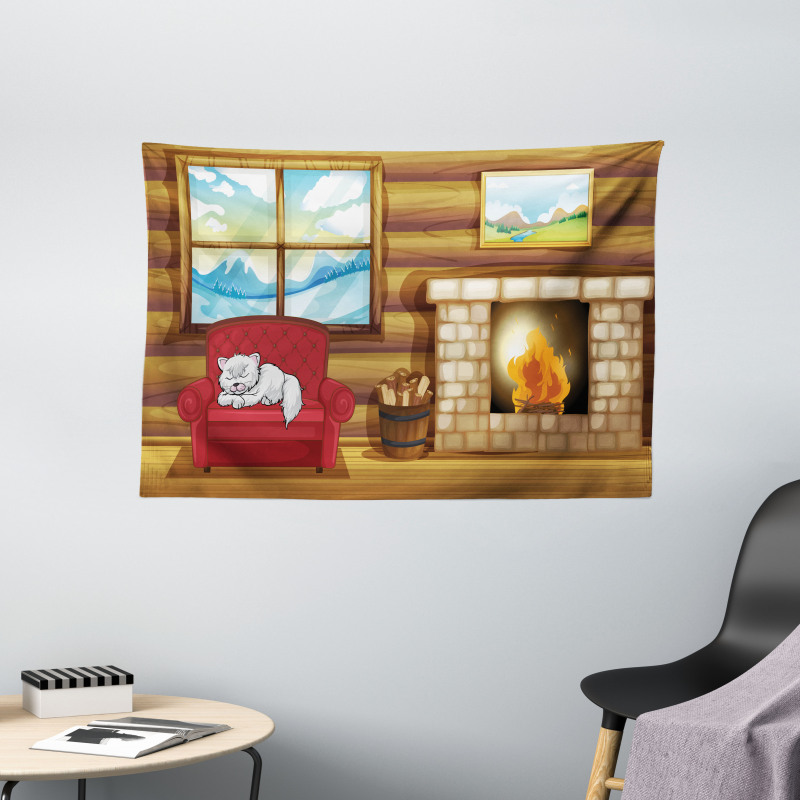 Sleepy Cat Rustic House Wide Tapestry