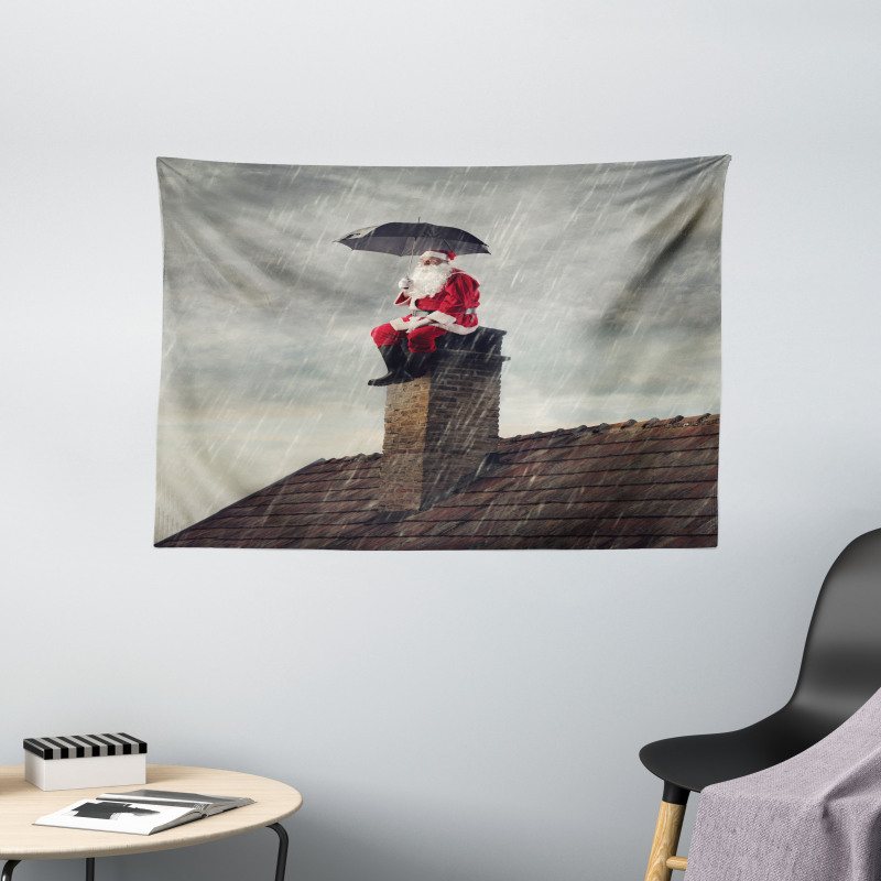 Santa on Chimney in Rain Wide Tapestry