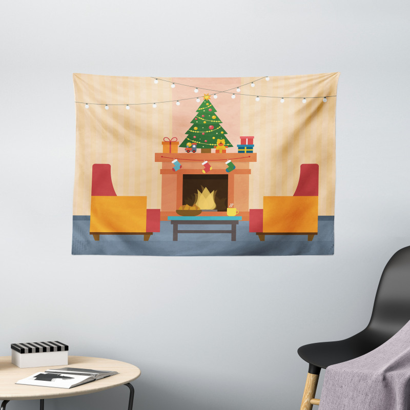 Cartoon Xmas Interior Wide Tapestry