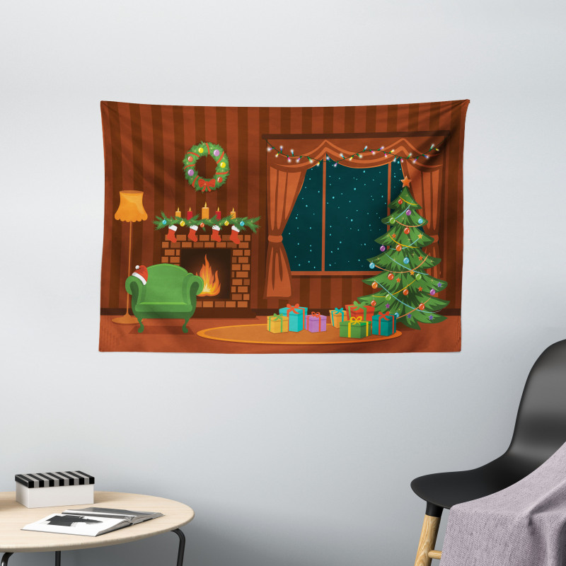 Cartoon Christmas Room Wide Tapestry