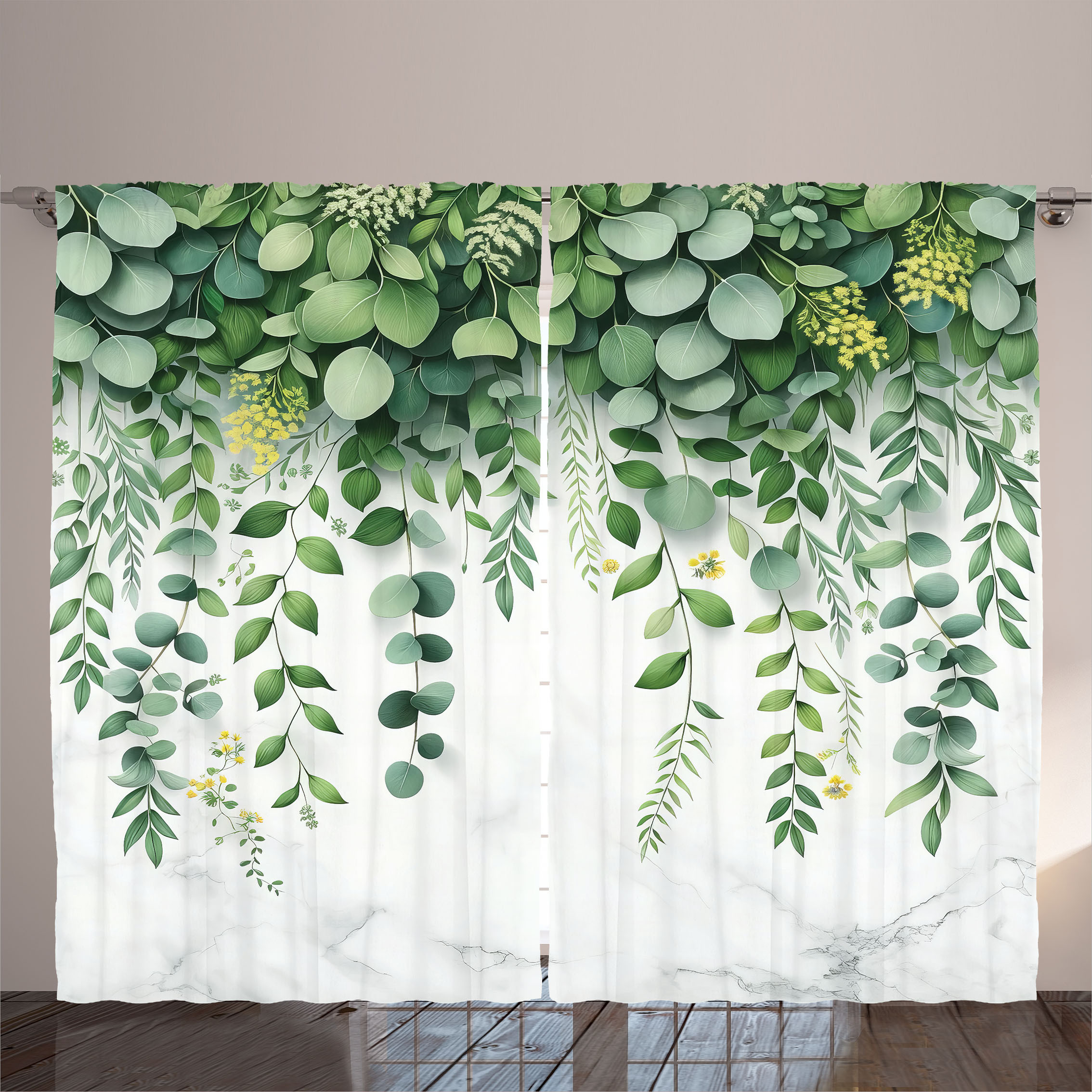 Ambesonne Eucalyptus Leaves Curtains, Botanical Art of Delicate Branches on P... - Picture 2 of 26