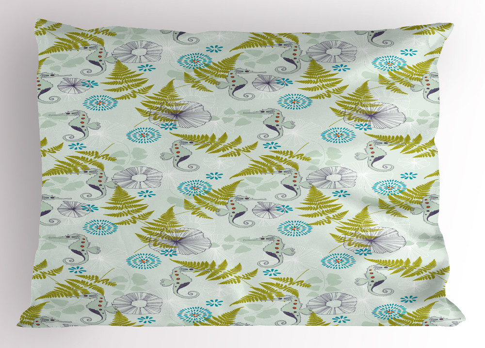 Sea Pillow Sham Seahorses and Fern Patterns