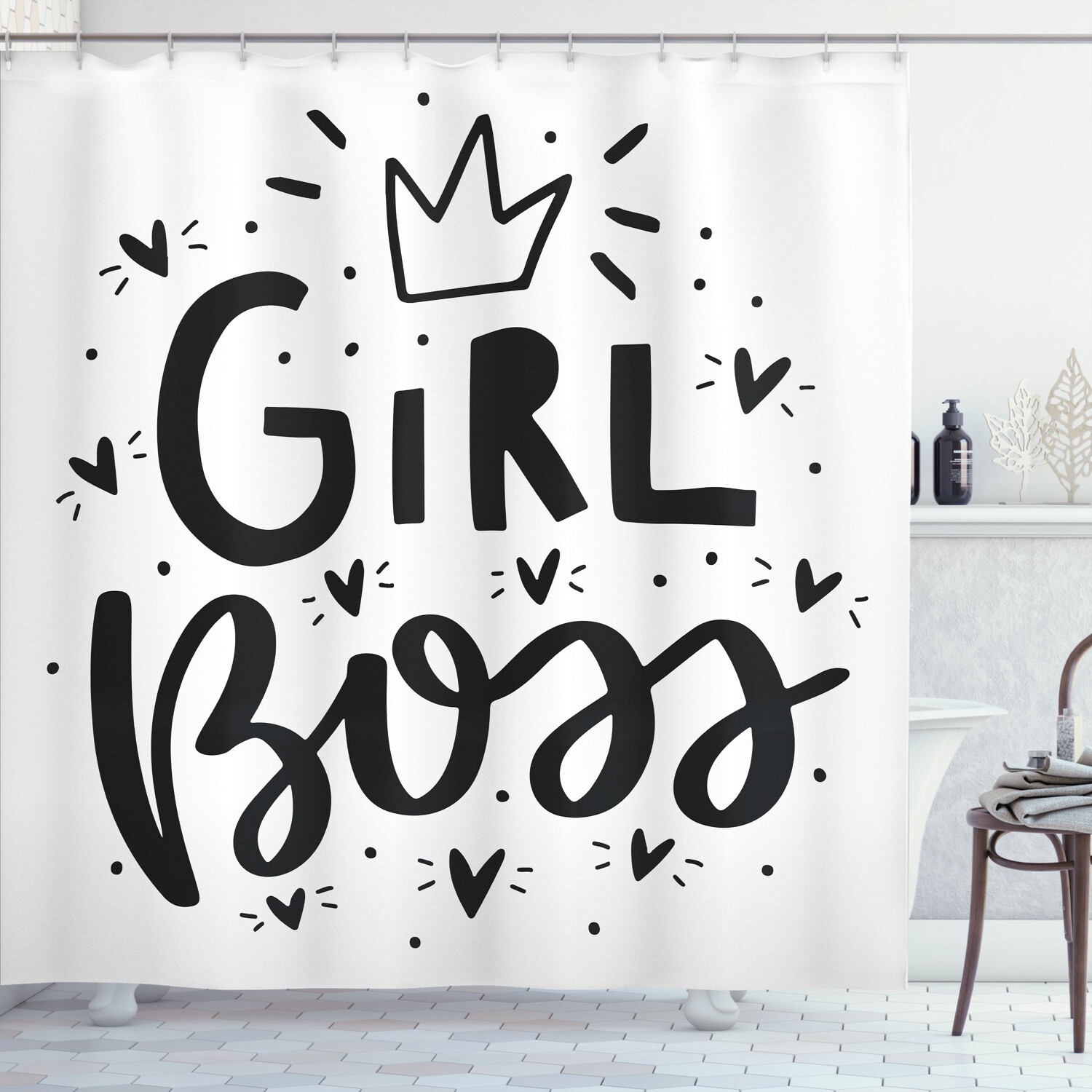 Girl Boss Shower Curtain Hearts Crown and Words