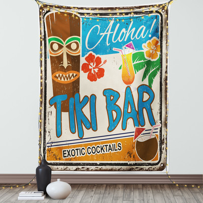 Tiki Bar Wandteppich und Tagesdecke, Weinlese-Zeichen Druck